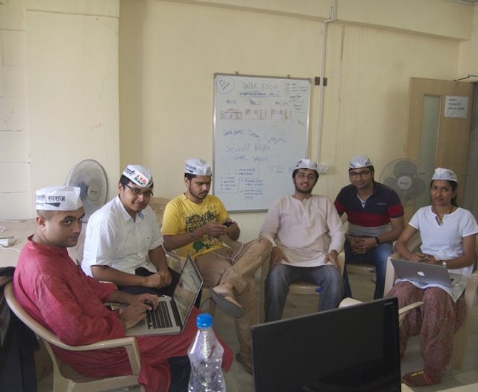 AAP volunteers at their office in the suburb of Andheri, Mumbai: From left: Rakesh Lamba, Paritosh Pant, Nitin Singh, Akshay Marathe, Rishabh Kedia and Anushka Shah