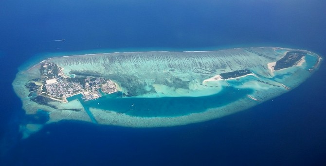 An ariel view of an island in Maldives