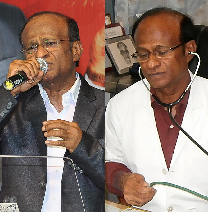 Dr S Premachandran is a doctor by day, right, and singer by night, left.