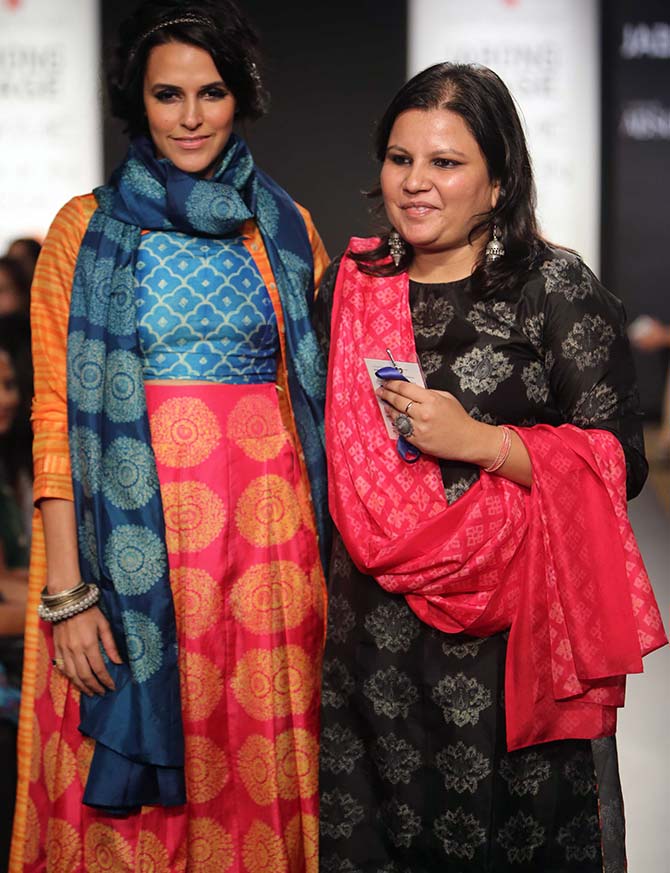Showstopper Neha Dhupia with designer Swati Vijaivargie.
