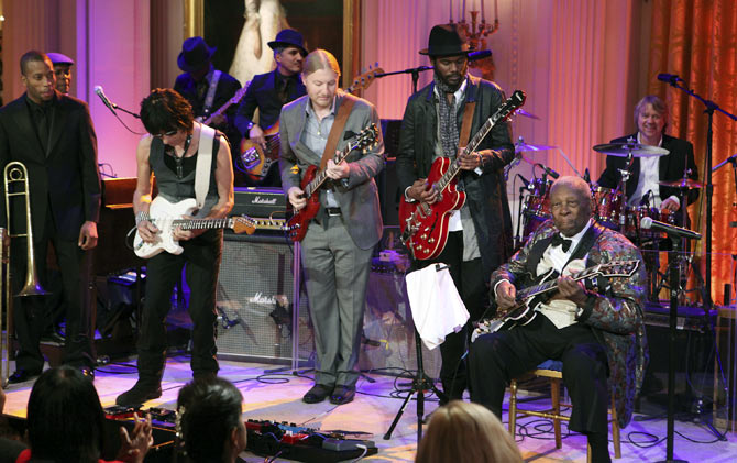 From left, Troy 'Trombone Shorty' Andrews, Jeff Beck , Derek Trucks, Gary Clark Jr and BB King perform at the White House for Black History Month, February 21, 2012.