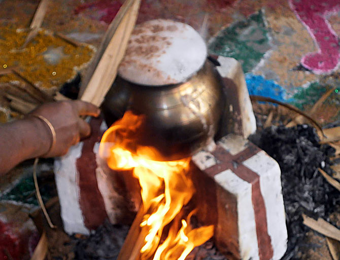 As per traditon, the rice cooked in the earthen pot has to boil over