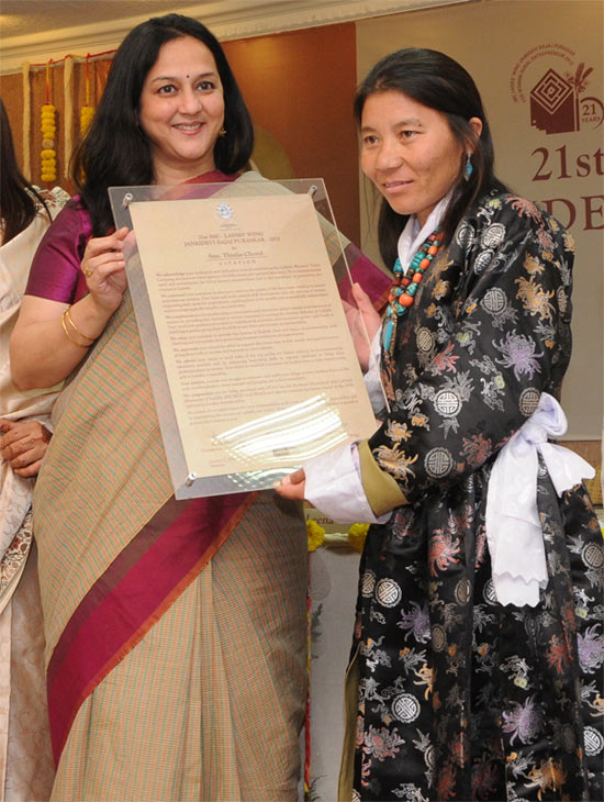 Rohini Nilekani, founder-chairperson of the Arghyam Trust, presented the Jankidevi Bajaj Puraskar for Rural Entrepreneurship in 2013 award to Thinlas Chorol on January 7 in Mumbai. The award comes with a cash prize of Rs 300,000