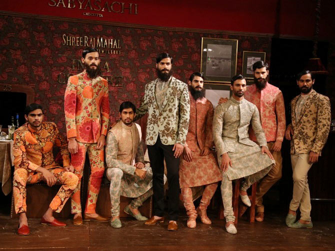 Models present designs by Sabyasachi Mukherjee at India Couture Week.
