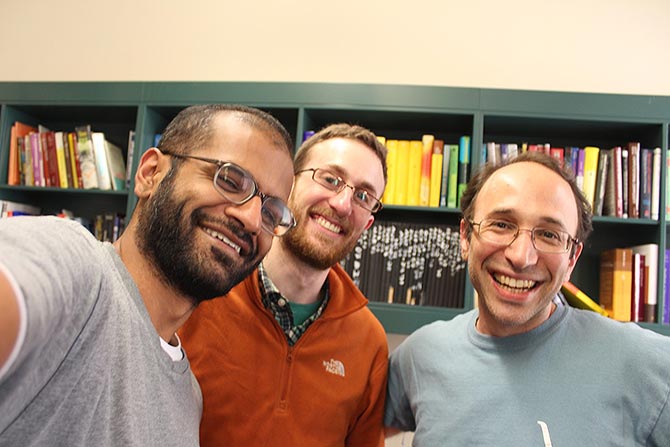 From left, Nikhil Srivastava with Adam W Marcus and Daniel A Spielman on the day they finished writing the proof last year. 