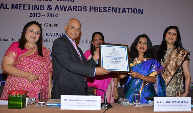 From left: Ougoing President of IMC's Ladies' Wing Leena Vaidya, former SEBI and LIC Chairman G N Bajpai, Shanti Ekambaram at the awards ceremony in Mumbai