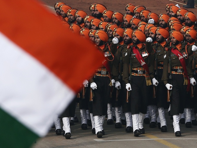 Indian Army soldiers march during the Republic Day parade in New Delhi.