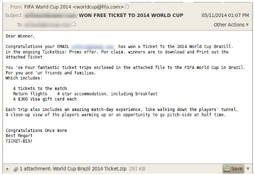 Scam email offers free tickets to 2014 World Cup in Brazil