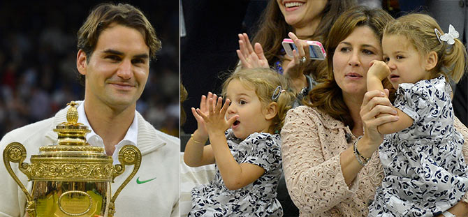 Roger Federer (left) and (right) Mirka Federer with their twins Charlene Riva and Myla Rose