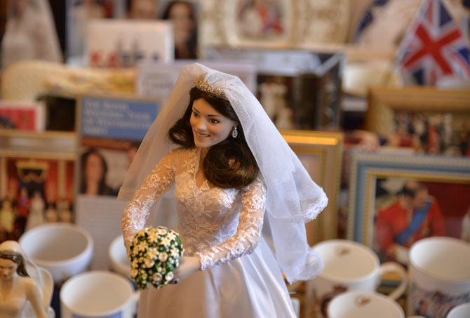 A doll depicting Kate in her wedding dress at royal memorabilia collector Margaret Tyler's house in west London.