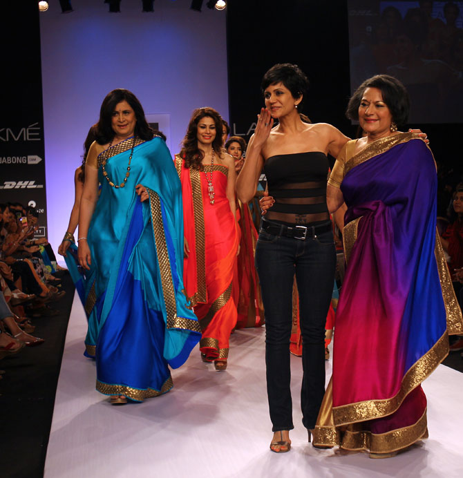 Fashion designer Mandira Bedi with her models who showcased her creations