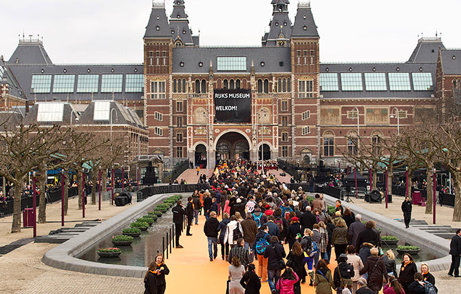 Visitors were allowed to enter the Rijksmuseum after the official opening by Queen Beatrix of the Netherlands (not pictured) in Amsterdam on April 13, 2013.