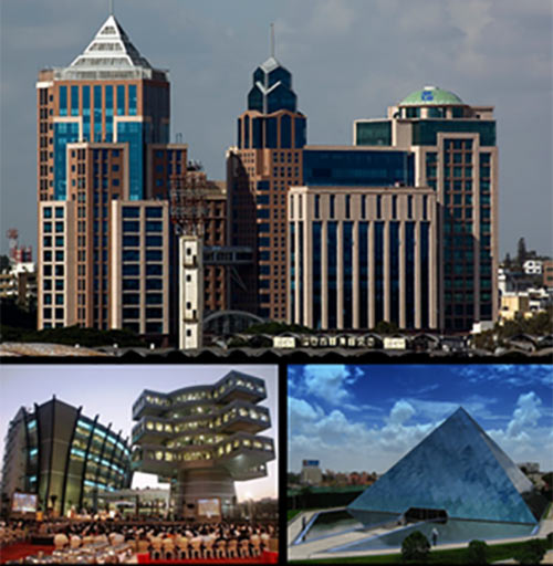 A collage of landmark buildings in Bangalore