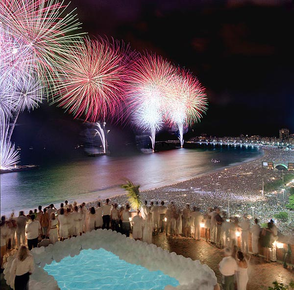 Tourists gather at Copabanca Beach to celebrate New Year in Rio De Janerio, Brazil