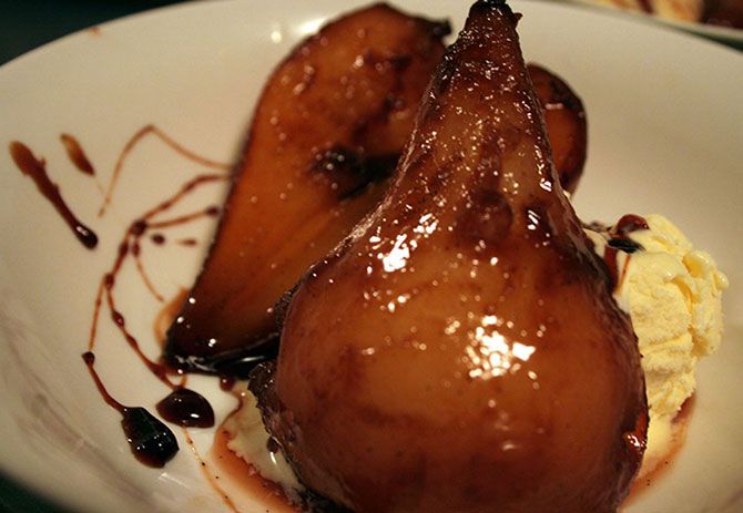 Poached Pears with Vanilla Ice Cream