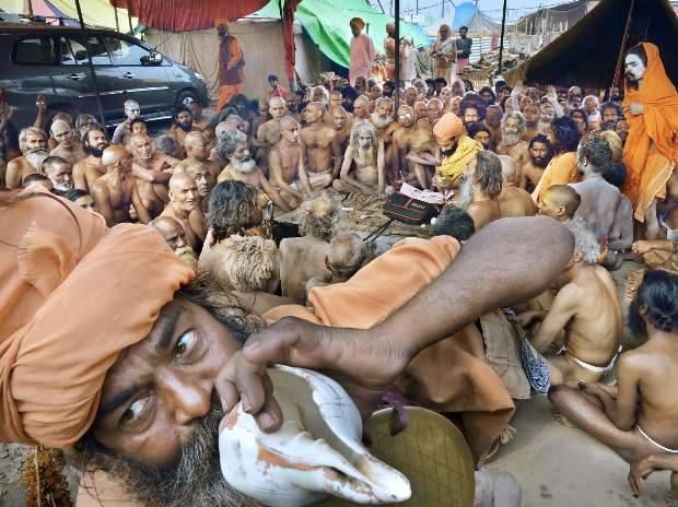 Naga sadhus in the akhara at the Mahakumbh, 2013.