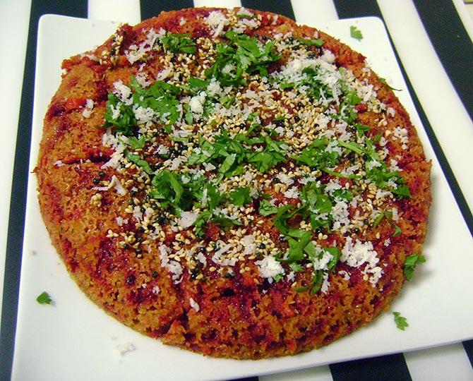 Beetroot Dhokla after garnishing