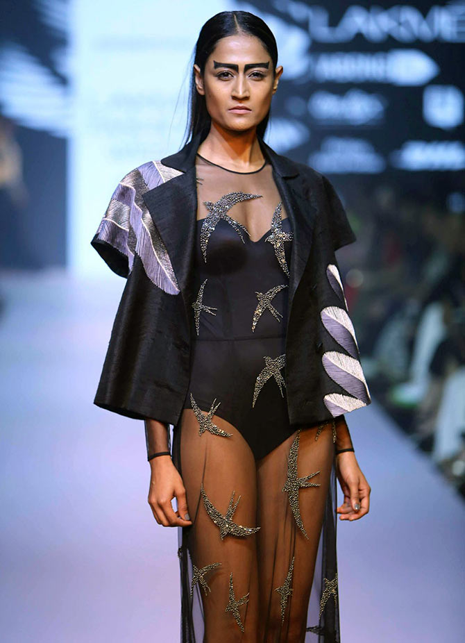 A model shows a Nachiket Barve creaton at Lakme Fashion Week