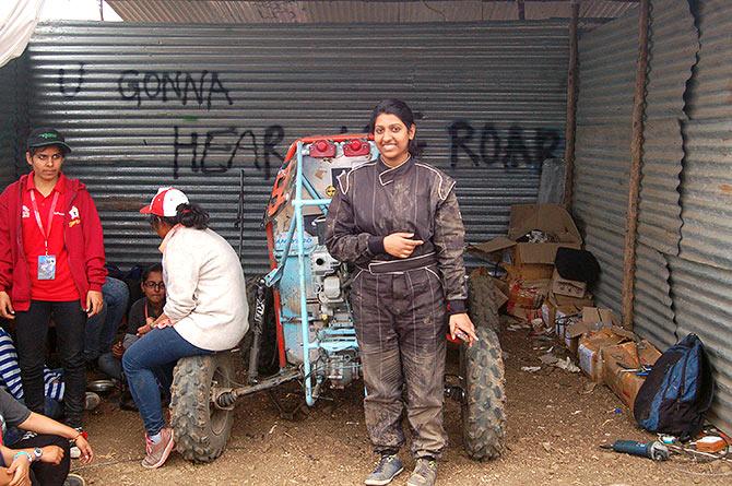 Captain Bhavya Poddar smiles though her vehicle has broken down.