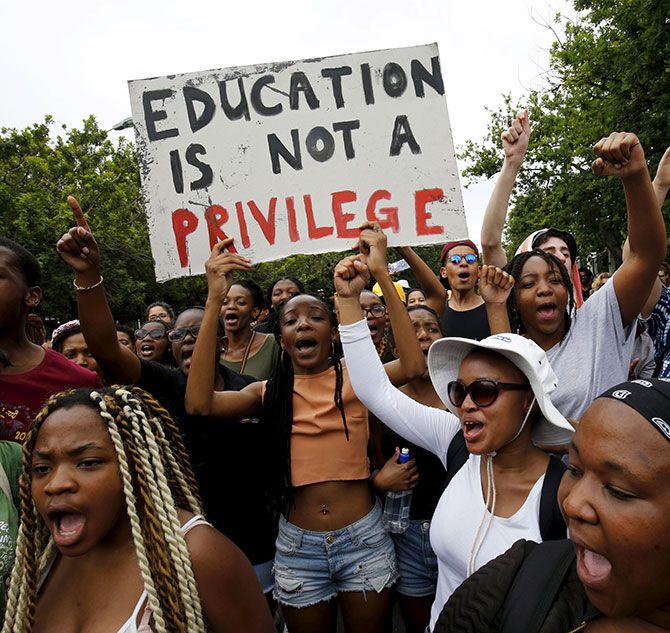 Students protest over planned increases in tuition fees in Stellenbosch University, South Africa, October 23, 2015
