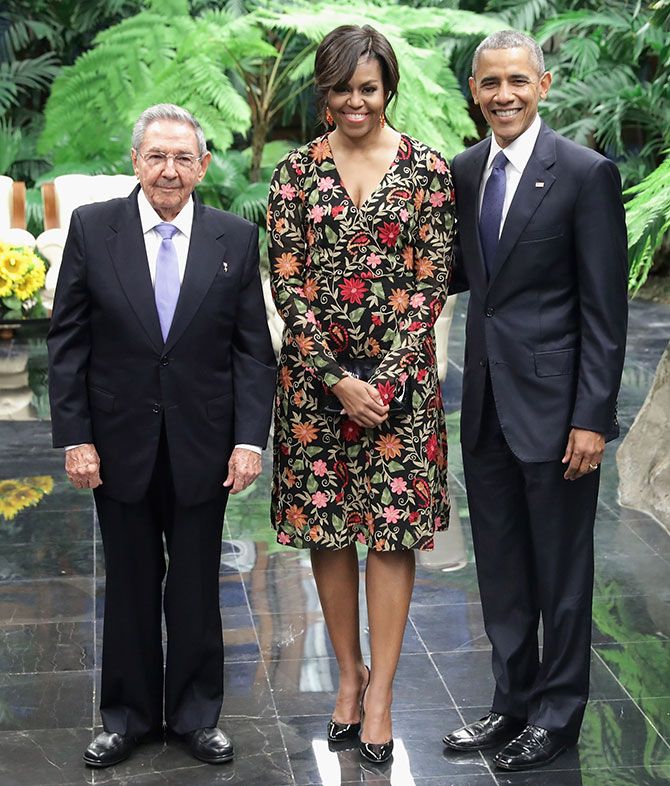 Raul Castro, Michelle Obama, Barrack Obama (From left to right)