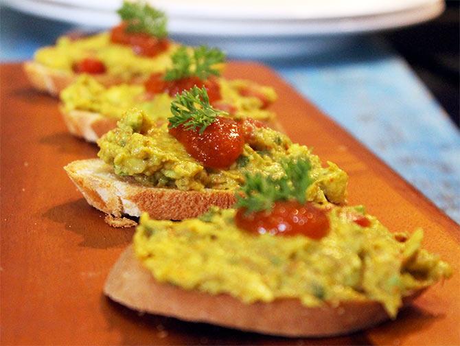 Avocado and Mango Murabba on Crostini by chef Rakhee Vaswani