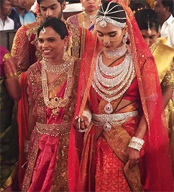 At her wedding, Brahmani Reddy, controversial mining baron Gali Janardhan Reddy's daughter, was dressed in a red Kanjeevaram sari that reportedly cost Rs 17 crore.