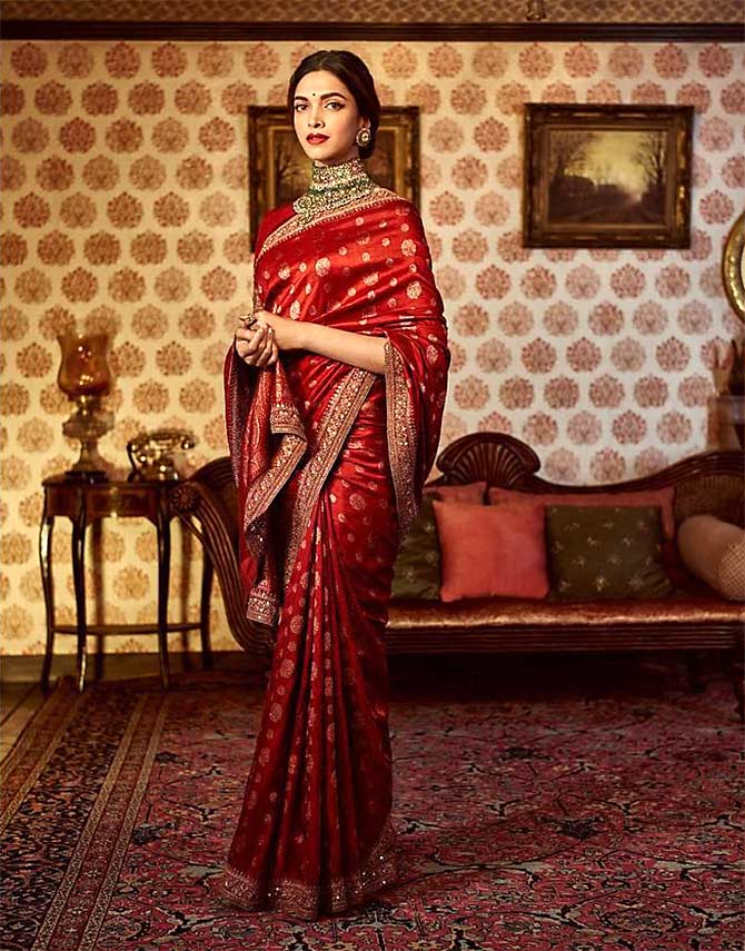 Bollywood Actress Deepika Padukone Designer Red Saree - MiaIndia.com