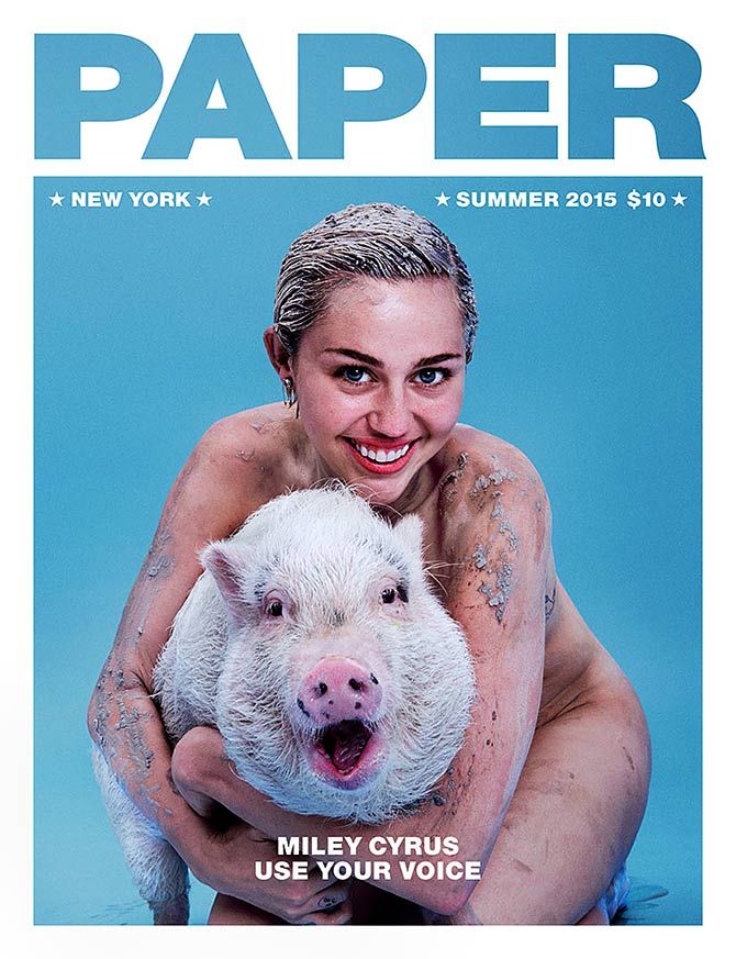 Miley Cyrus with her pig on Paper magazine
