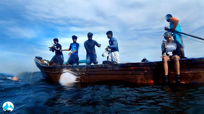 Members from Temple Adventures, a team of divers, help Siddharth drop the cement blocks into the sea.