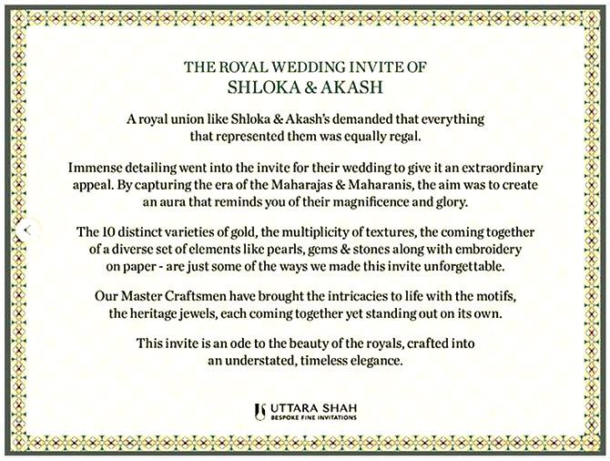 Uttara Shah designed the invitation card for Shloka Mehta and Akash Ambani's wedding