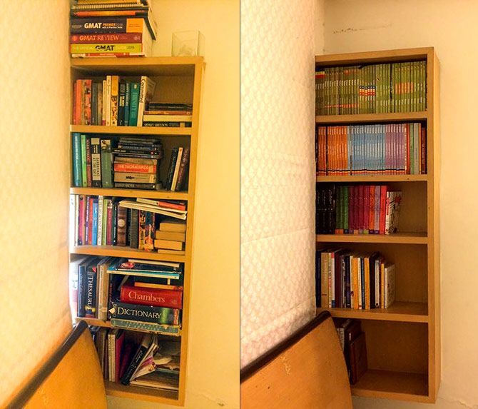 Bookshelves before and after