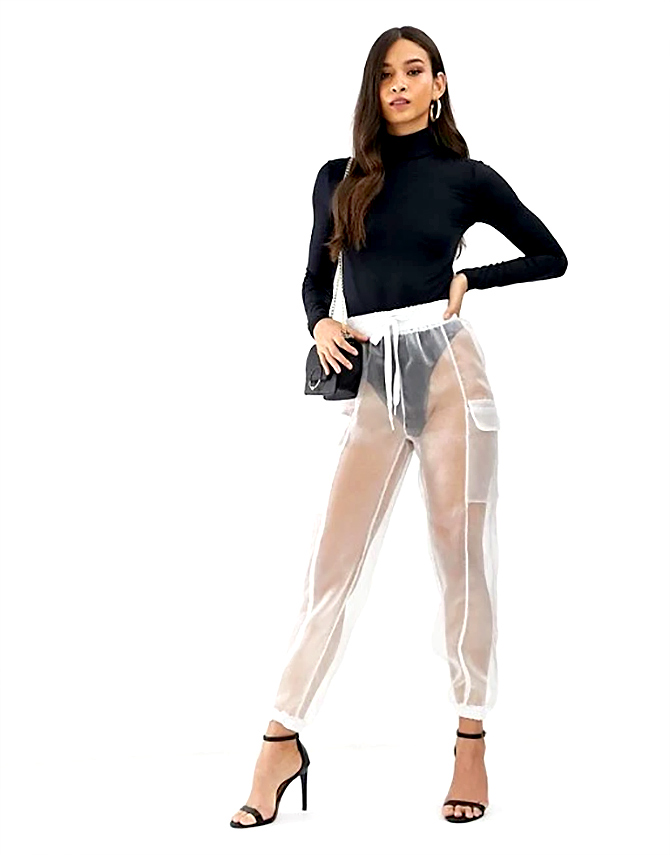 Lady See Through Glitter Pants Trousers Zip Crotch Sheer Transparent Bell  Bottom