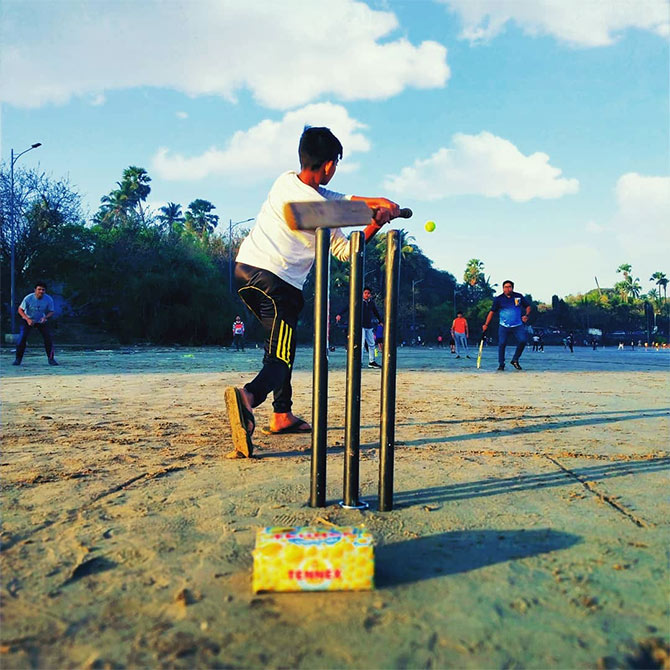 Beach cricket. Photograph: Hemantkumar Shivsharan/Rediff.com