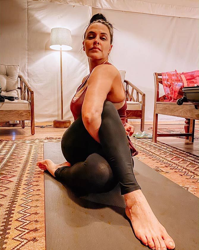 Neha Dhupia doing yoga at home