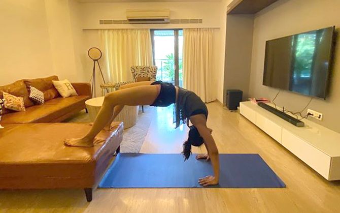 Rakul Preet doing yoga at home