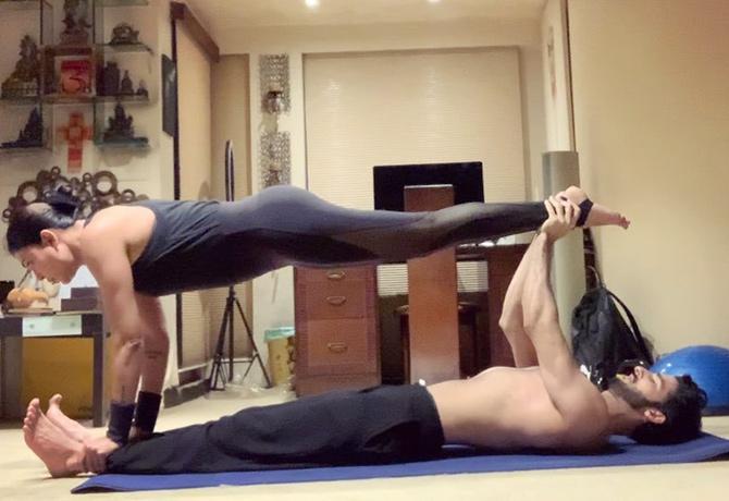 Sushmita Sen's hot yoga with Rohman Shawl