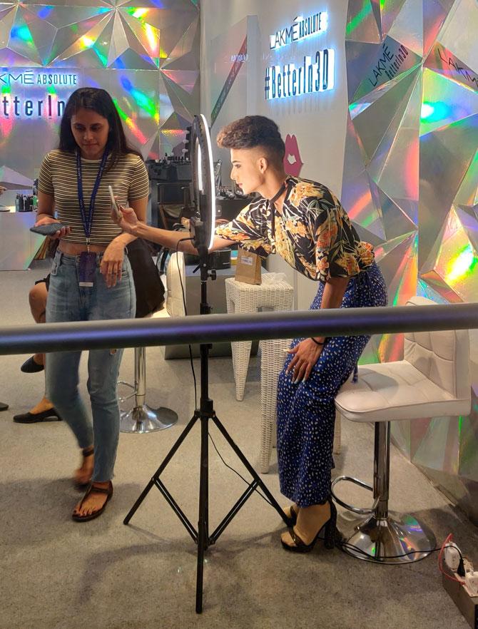 An invited blogger gets his makeup done at the Lakme salon. Photograph: Kshamaya Daniel/Rediff.com.