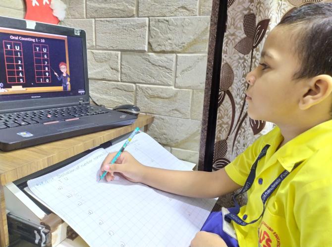 Advait Alva, 5, Senior KG, attends online school