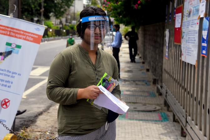 A student arrives to appear for the JEE exam in New Delhi. Photograph: ANI Photo