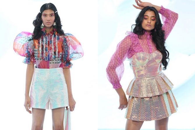 A model presents Pankaj and Nidhi's Kaleido collection at the FDCI X Lakme Fashion Week 2021