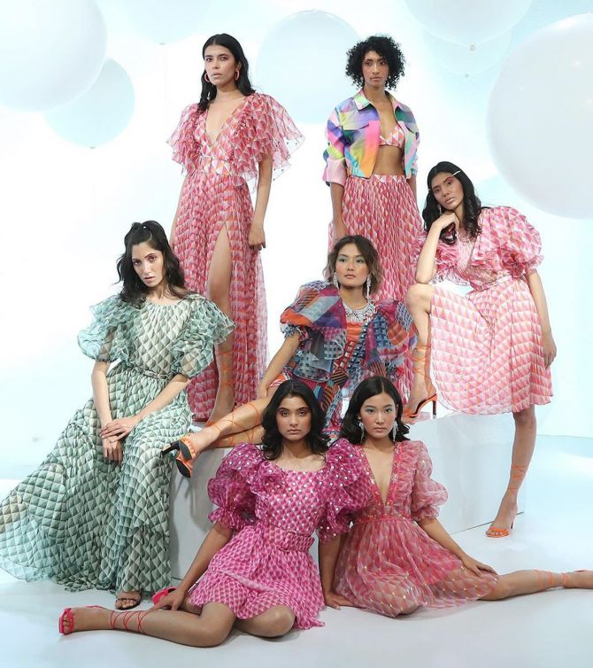 A model presents Pankaj and Nidhi's Kaleido collection at the FDCI X Lakme Fashion Week 2021
