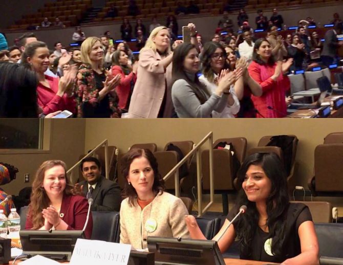 Dr Malvika Iyer receives a standing ovation after her speech at the United Stations' headquarters in New York