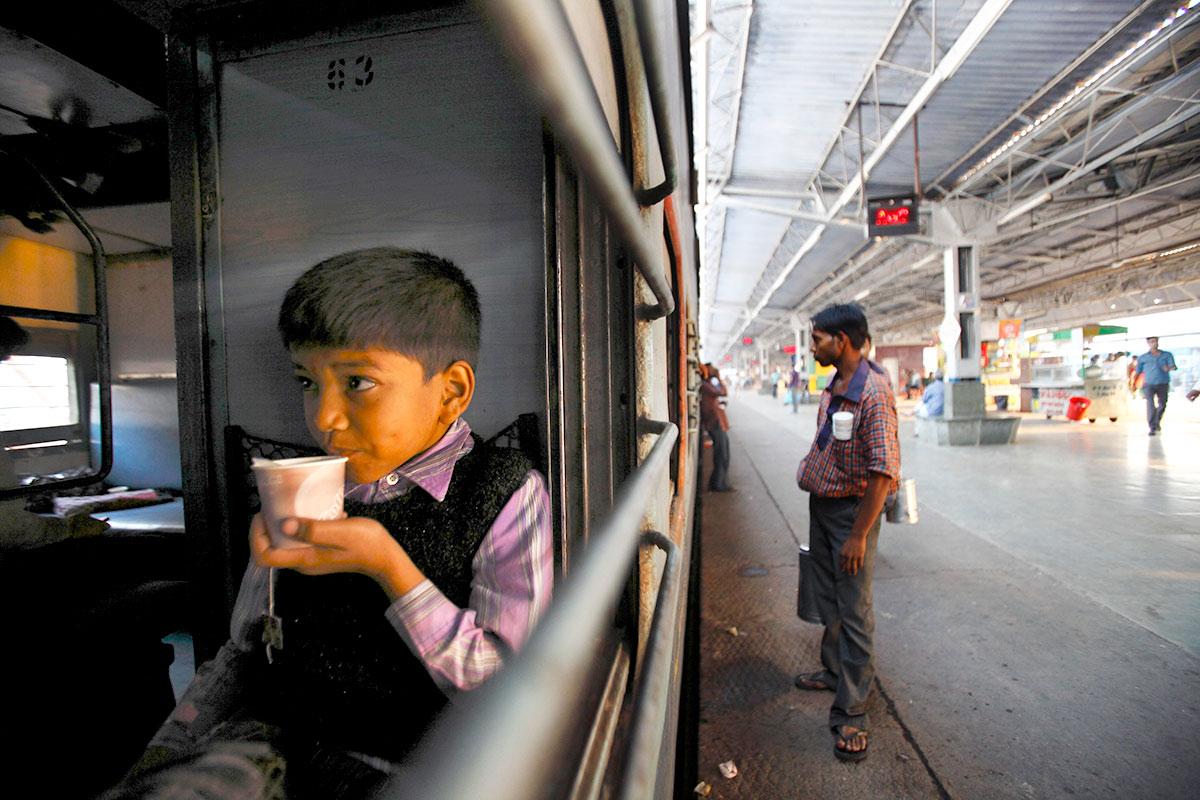 Drinking tea on a train