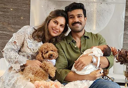 Upasana with Ram Charan, daughter Klin Kaara and pet Rhyme