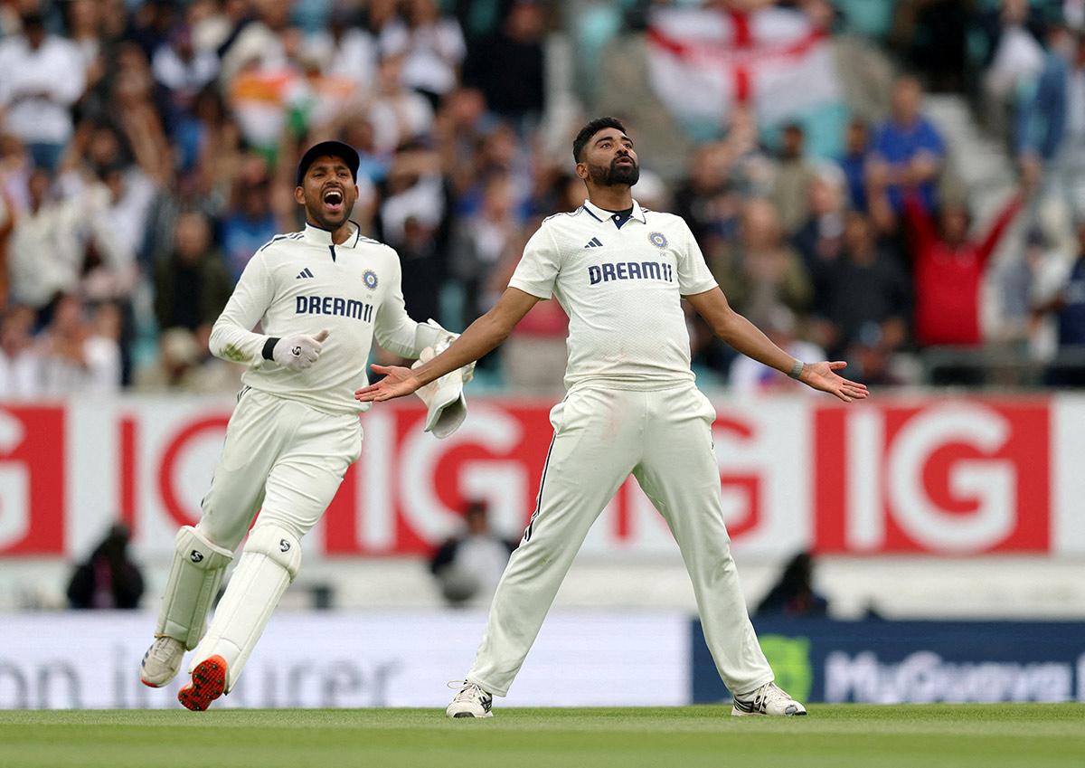 Mohammed Siraj celebrates with Dhruv Jurel after taking the wicket of England's Gus Atkinson and India winning the match to draw the test series