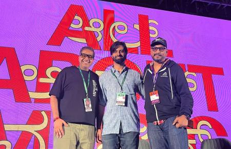 Raghav Mehta, centre, flanked by Siddhant and PA Deepak at the All About Music event 2025.