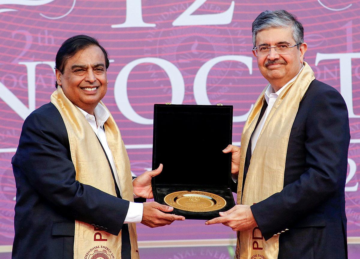 Reliance Industries Chairman Mukesh Ambani and Kotak Mahindra Bank CEO Uday Kotak during the 12th convocation ceremony of the Pandit Deendayal Energy University in Gandhinagar.