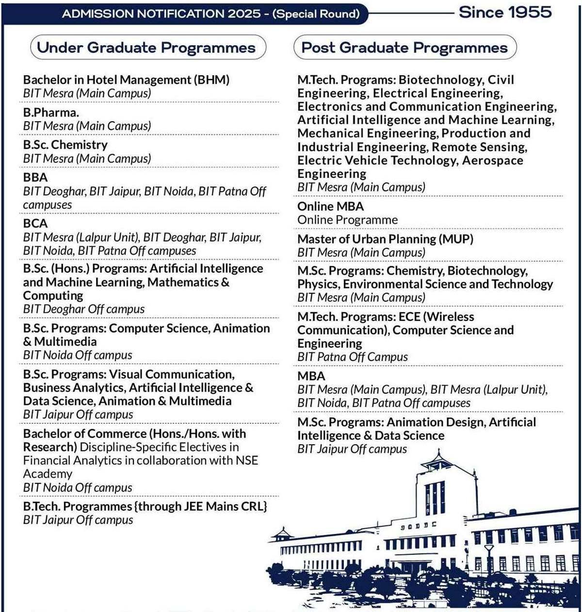 BIT Mesra admission 2025