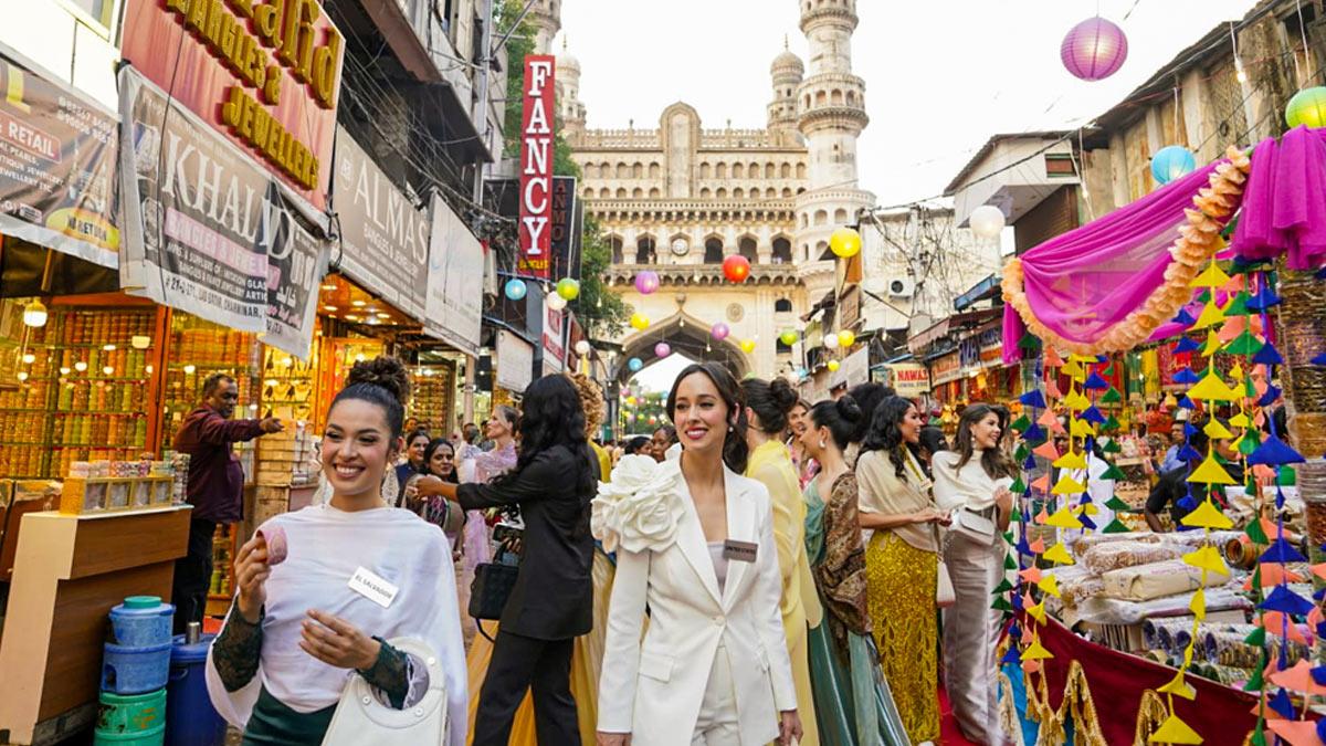 109 Miss World 2025 contestants visit Laad Bazar near Charminar, in Hyderabad on Tuesday.